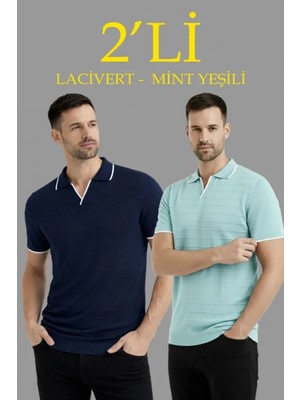 Marsilyan- Erkek 2’li Paket Triko Yakalı Düğmesiz Açık Yaka Fitilli Kısa Kollu Regular Fit Tişört - Lacivert - Mint Yeşili