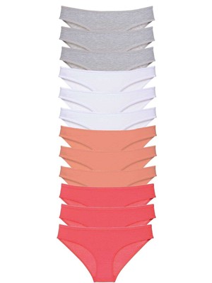 Kuzgun Ticaret 12 Adet Süper Eko Set Likralı Kadın Slip Külot Gri Beyaz Pudra Fuşya