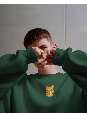 Muhtar Store Erkek Sarı Tekir Kedisi Desenli Sweatshirt – Minimal Göğüs Baskılı, Unisex Rahat Kalıp