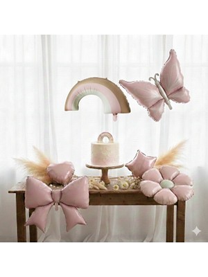 6 Parça Pembe Kelebek Fiyonk Papatya Gökkuşağı Yıldız Kalp Folyo Balon Set