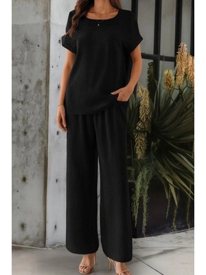 Marsilyan- Kadın Kısa Kollu Yakası Açık Aerobin Bluz ve Pantolon Ikili Takım