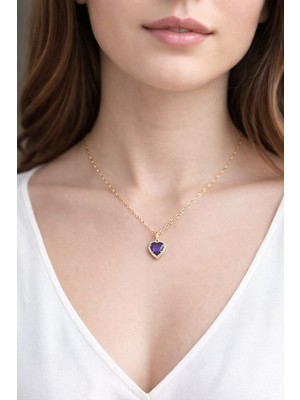 Altın Kaplama Mor Kalp Zirkon Taşlı Kolye