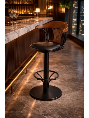 Dengema T168/65 Dönerli Bar Sandalyesi – Siyah Deri Oturum, Inegöl Ceviz Sırt 75 cm Yükseklik