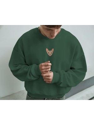 Muhtar Store Erkek Sphynx (Tüysüz) Kedisi Desenli Sweatshirt – Minimal Göğüs Baskılı, Unisex Rahat Kalıp