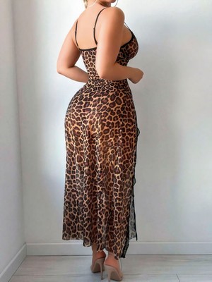 Zined Leopar Desenli Tül Yırtmaçlı Uzun Gecelik