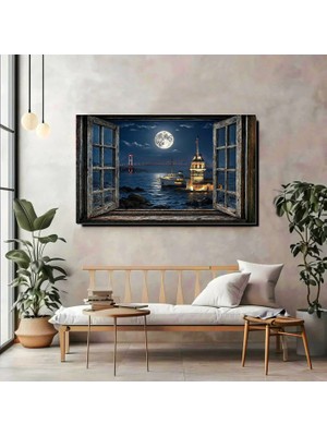 Artprinta Boğazda Ay Işığı – Pencereden Istanbul Manzaralı Kanvas Tablo