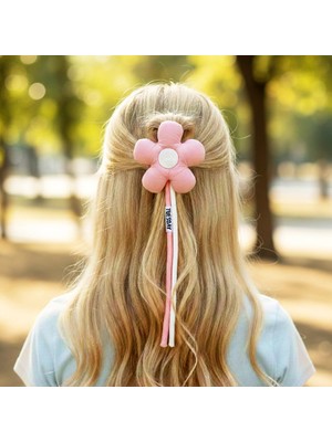 Woodycord El Yapımı Pofuduk Pembe Çiçek Figürlü Otomatik Toka