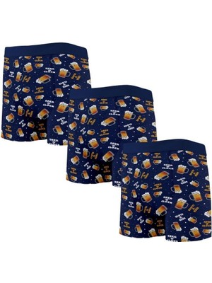 Septemmart 3 Lü Paket Beer Desenli Pamuklu Likralı Lastikli Bel Esnek Erkek Boxer Iç Çamaşırı