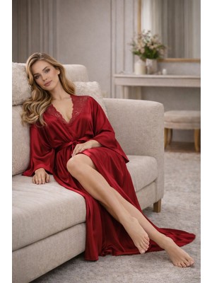 Kadın Omuz Dantel Detaylı Yarasa Kol Kemerli Uzun Tek Sabahlık