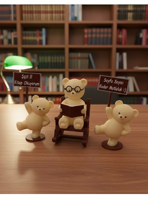 Kitaplık ve Kütüphane Dekoratif Biblo 3’lü Set - Sallanan Sandalyeli Gözlüklü Kitap Okuyan Ayıcık
