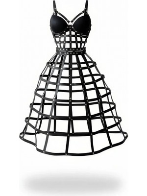 Marsilyan Siyah Kadın Etek Deri Kafes Yapılı Zımba Detaylı Etek - BRF1013