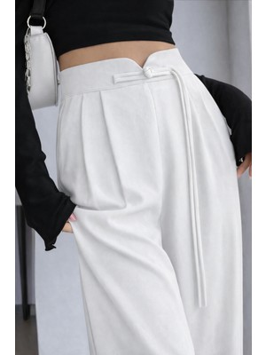 Hazel Kadın Beyaz Arkası Lastikli Ip Bağlama Detaylı Yüksek Bel Palazzo Pantolon