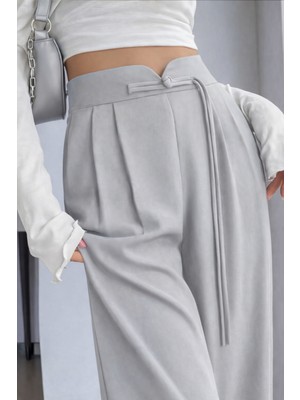 Hazel Kadın Gri Arkası Lastikli Ip Bağlama Detaylı Yüksek Bel Palazzo Pantolon