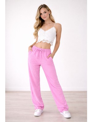 Hazel Kadın Pembe Keten Karışımlı Bol Kesim Pantolon
