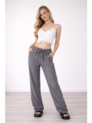 Hazel Kadın Gri Keten Karışımlı Bol Kesim Pantolon