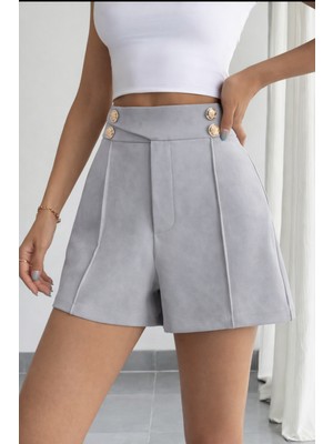 Hazel Kadın Gri Altın Düğmeli Şort