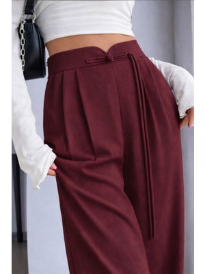 Hazel Kadın Vişne Arkası Lastikli Ip Bağlama Detaylı Yüksek Bel Palazzo Pantolon