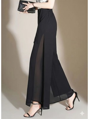 Hazel Kadın Siyah Yüksek Bel Yırtmaçlı Çift Katmanlı Şifon Pantolon