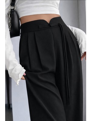 Hazel Kadın Siyah Arkası Lastikli Ip Bağlama Detaylı Yüksek Bel Palazzo Pantolon