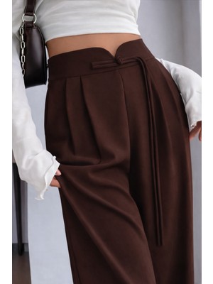Hazel Kadın Kahverengi Arkası Lastikli Ip Bağlama Detaylı Yüksek Bel Palazzo Pantolon