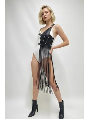 Marsilyan Siyah Etek Suni Deri Etek Zımbalı Uzun Püsküllü - BRF1014