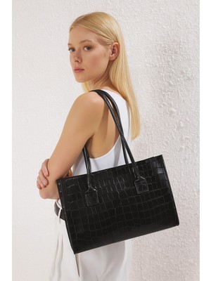 World Star Siyah Kroko Desen Dokulu Kadın Midi Tote Omuz Çanta