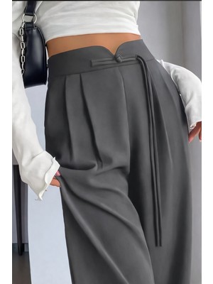 Hazel Kadın Antrasit Arkası Lastikli Ip Bağlama Detaylı Yüksek Bel Palazzo Pantolon