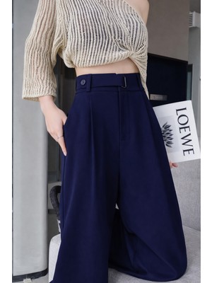 Hazel Kadın Lacivert Kemer Toka Detaylı Palazzo Pantolon