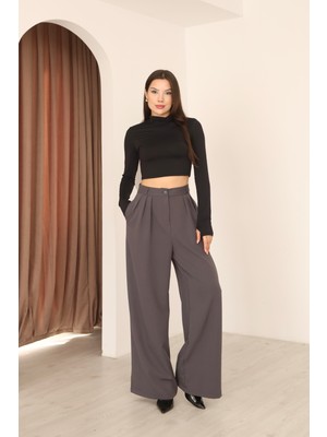 Hazel Kadın Antrasit Pile Detaylı Palazzo Pantolon