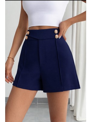 Hazel Kadın Lacivert Altın Düğmeli Şort