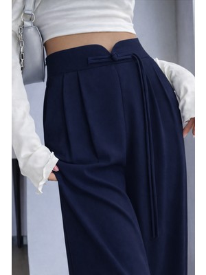 Hazel Kadın Lacivert  Arkası Lastikli Ip Bağlama Detaylı Yüksek Bel Palazzo Pantolon