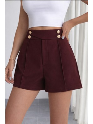 Hazel Kadın Vişne Altın Düğmeli Şort