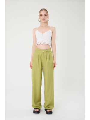 Hazel Kadın Yağ Yeşili Keten Karışımlı Kore Model Palazzo Pantolon