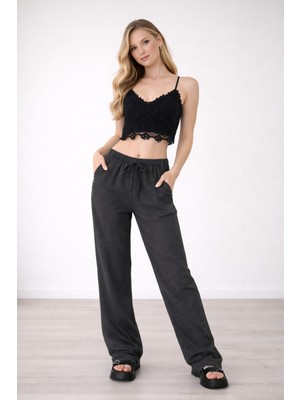 Hazel Kadın Antrasit Keten Karışımlı Bol Kesim Pantolon