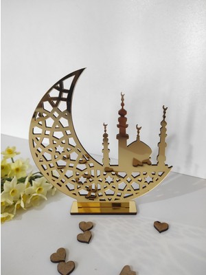 Allians Altın Renkli Camii ve Hilal Detaylı Masa Süsü, 15X15 cm