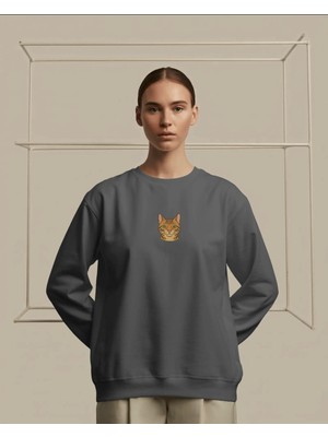 Muhtar Store Kadın Tekir Kedisi Desenli Sweatshirt – Minimal Göğüs Baskılı, Rahat Kesim