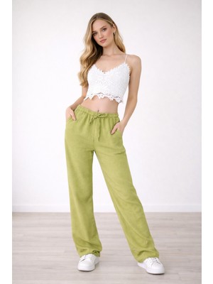 Hazel Kadın Yağ Yeşil Keten Karışımlı Bol Kesim Pantolon