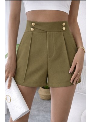 Hazel Kadın Haki Altın Düğmeli Şort