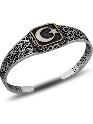 Bazarhane Gümüş Ay Yıldız Ayarlanabilir Kelepçe Erkek Bileklik