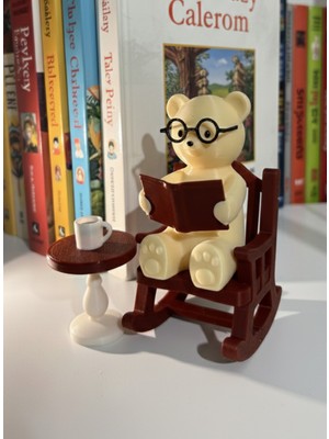 Kitap Okuyan Gözlüklü Ayıcık ve Kahve Sehpası Seti - Sallanan Sandalyeli Okuma Köşesi Biblosu