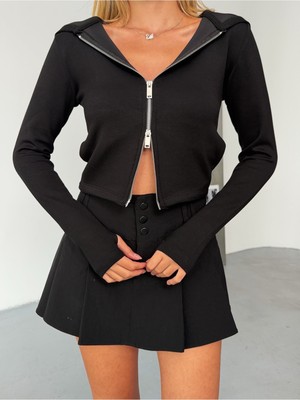 Bejna Kadın Parmak Detaylı Çift Fermuarlı Kapüşonlu Modal Hırka