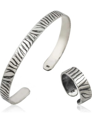 Bazarhane Gümüş Zebra Desenli Bileklik ve Yüzük Set