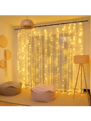 Allians 3X3M Sarı Peri Perde LED Işık, Usb, Kumandalı, 8 Fonksiyon, Bayram Atmosferi