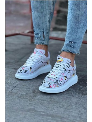 Zapatos WG501 Erkek Günlük Bağcıklı Dergi Baskılı Cilt Spor Sneaker Ayakkabı Cbt - Beyaz