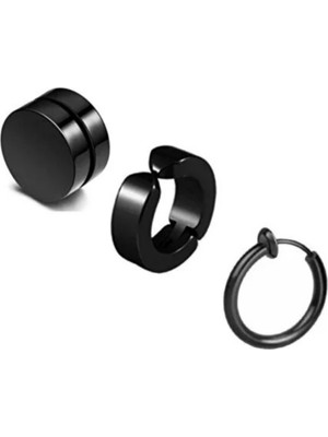 Jaida Moda Unisex Siyah 3 Adet Deliksiz Sıkıştırmalı Mıknatıslı Çelik Küpe
