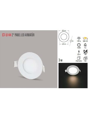 Braventa Collection Cata CT-5144-G Panel LED Slim Yuvarlak Spot 3 W 3000K Gun Işığı Beyaz Gövde