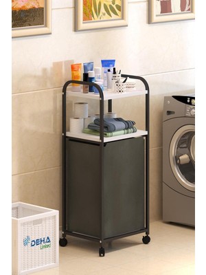 Braventa Collection Dehalimited 2 Raflı Frenli Tekerlekli Çamaşır Sepeti Banyo Dolabı Kirli Sepetli Banyo Düzenleyici Ça