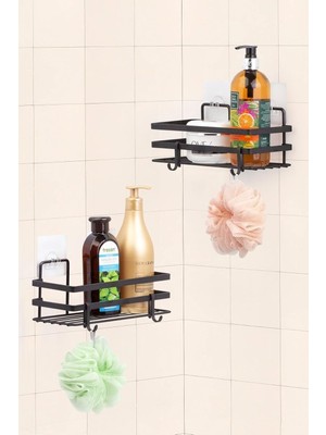 Braventa Collection Sas Haus Ömür Boyu Paslanmaz Yapışkanlı Banyo Düzenleyici Şampuanlık Tek Katlı Duş Rafı 2 Adet Siyah