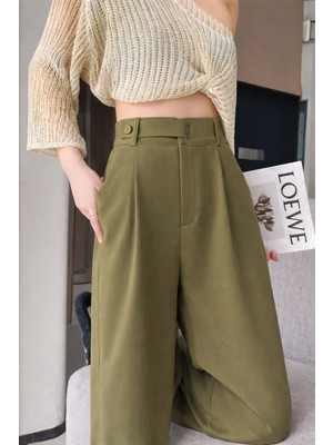 Hazel Kadın Haki Kemer Toka Detaylı Palazzo Pantolon