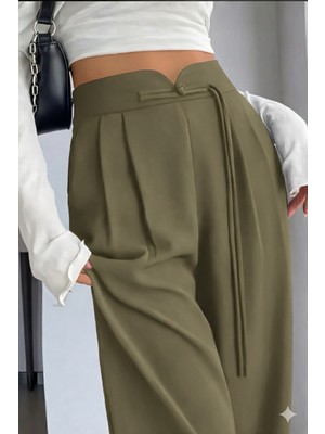 Hazel Kadın Haki Yüksek Bel Palazzo Pantolon Arkası Lastikli İp Bağlama Detaylı Model